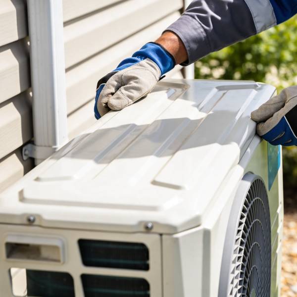 Montör som installerar en utedel av en värmepump.